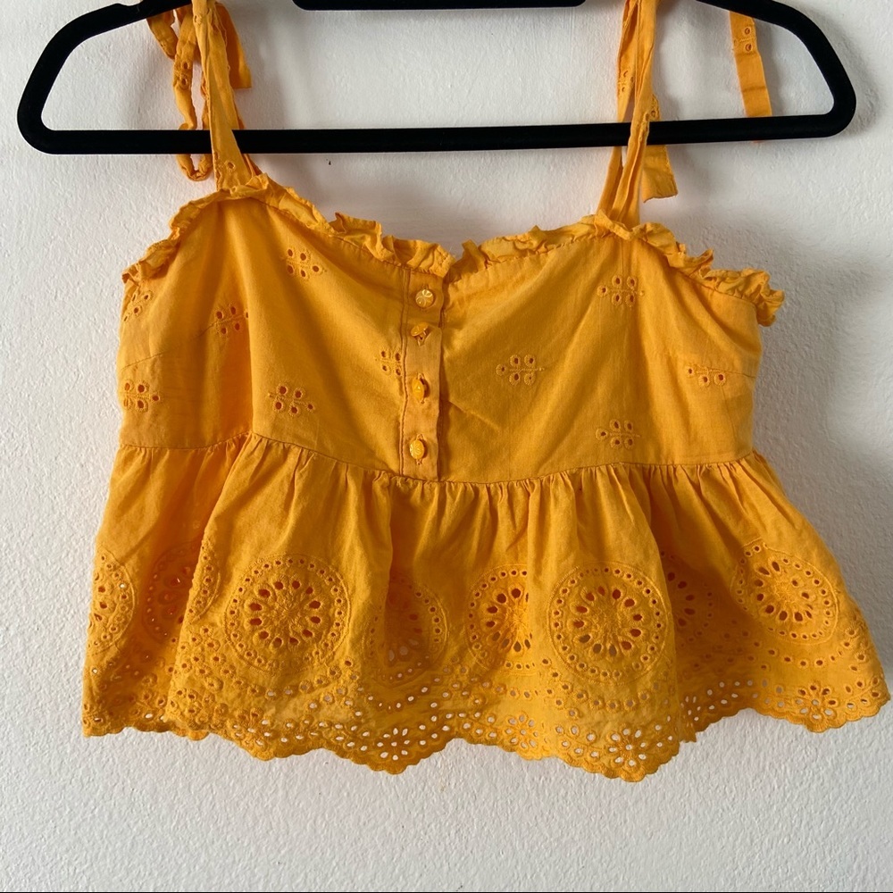 Urban Outfitters gold yellow crop top ruffle tie straps embroidered small blouse - Picture 3 of 5